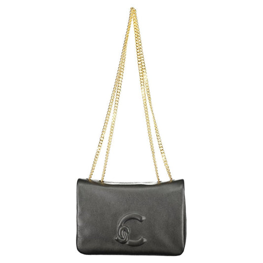 Coccinelle Black Leather Women Handbag with iconic logo and gold chain handles, showcasing elegant Italian design.