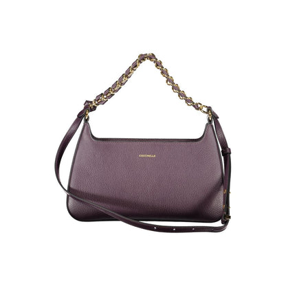 Coccinelle Purple Leather Women Handbag with chain shoulder strap and adjustable leather strap, elegant Italian-crafted fashion accessory.