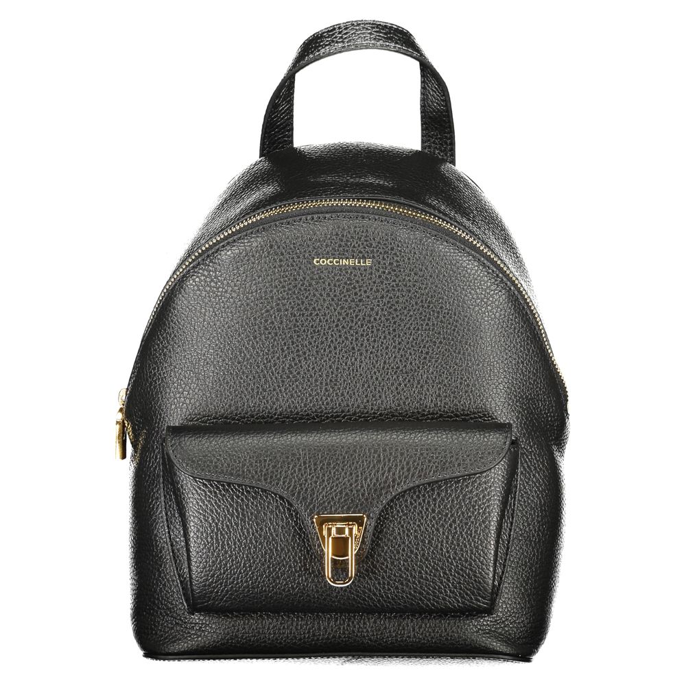 Coccinelle Black Leather Women Backpack with twist closure and zip compartment, showcasing stylish and functional design.