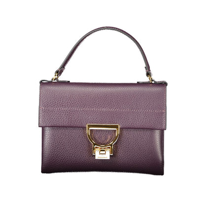 Coccinelle Purple Leather Women Handbag with gold clasp, Italian design, featuring single handle and adjustable shoulder strap.