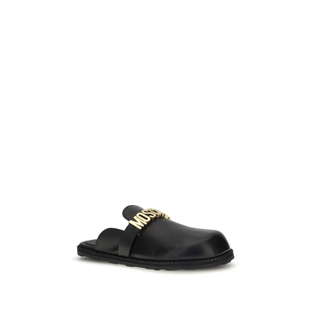 Moschino Black Calf Leather Bos Taurus Mules