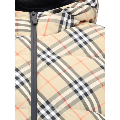 Burberry Beige Polyester Full-Length Jacket showcasing iconic check pattern and hooded design.