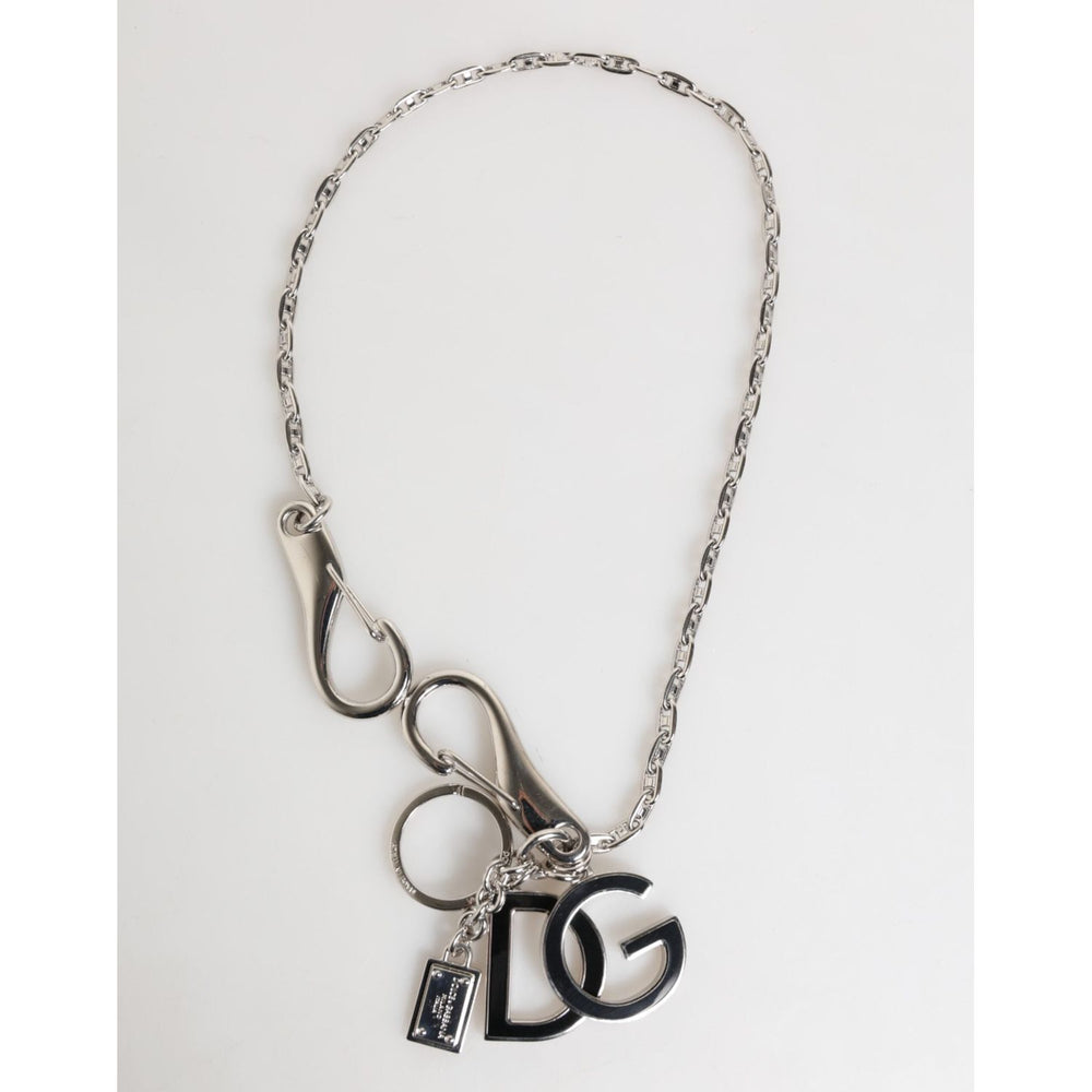 Dolce & Gabbana Silver DG Logo Key Holder Keychain Bag Charm Keyring with black DG logo and silver-tone metal chain.