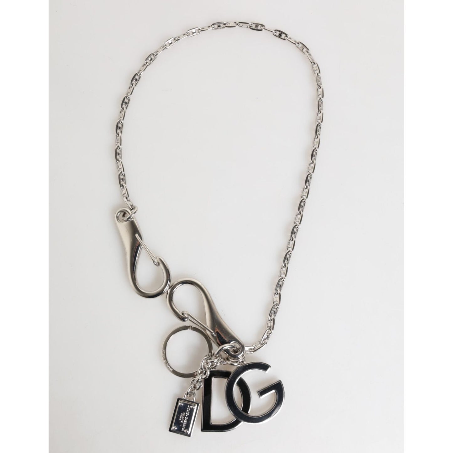 Dolce & Gabbana Silver DG Logo Key Holder Keychain Bag Charm Keyring with black DG logo and silver-tone metal chain.