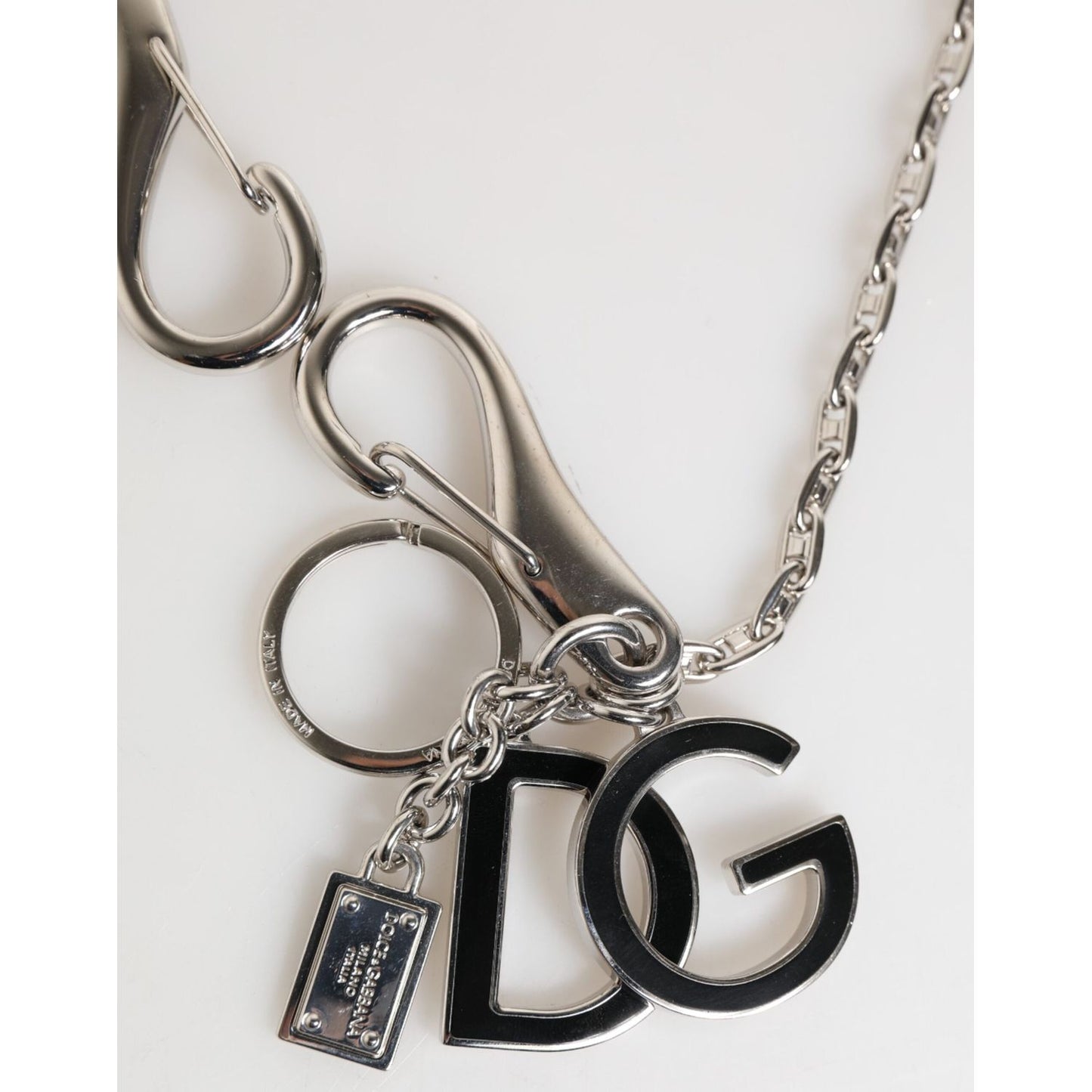 Dolce & Gabbana Silver DG Logo Key Holder Keychain Bag Charm Keyring with black logo and brand tag charms, Italy crafted.