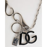 Dolce & Gabbana Silver DG Logo Key Holder Keychain Bag Charm Keyring with black logo and brand tag charms, Italy crafted.