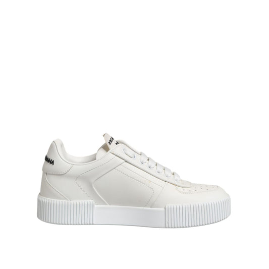 Dolce & Gabbana White Miami Leather Low Top Sneakers Shoes with logo details and rubber sole.