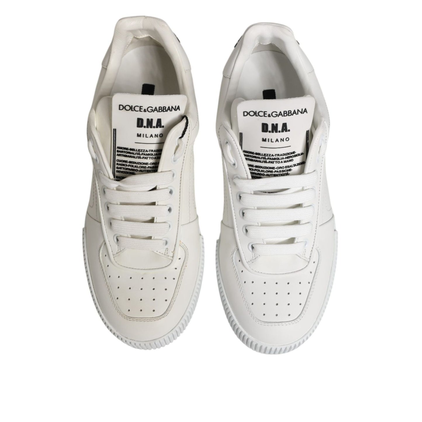 Dolce & Gabbana White Miami Leather Low Top Sneakers Shoes, white calfskin with rubber sole and lace-up closure, made in Italy.