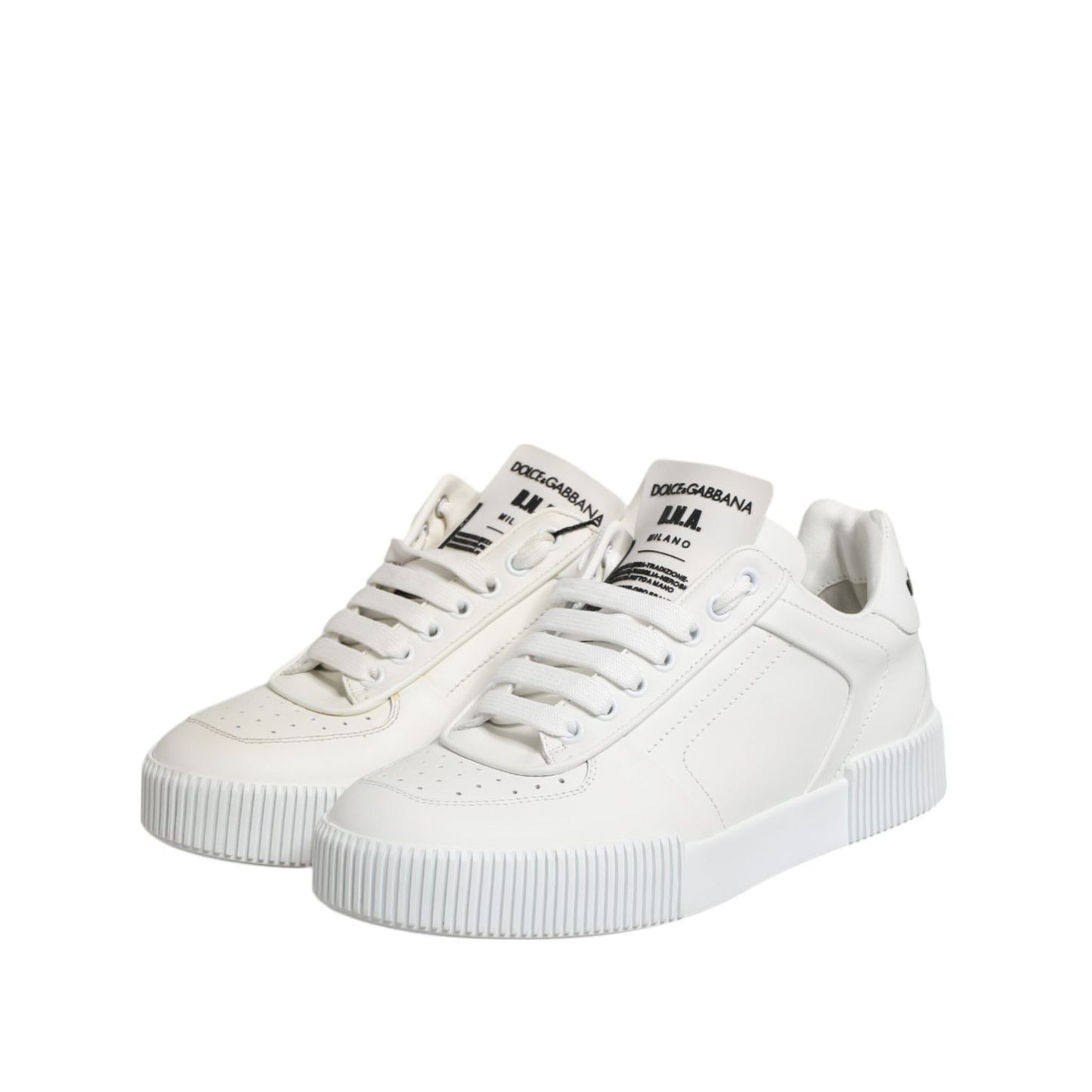 Dolce & Gabbana White Miami Leather Low Top Sneakers Shoes, luxury white calfskin sneakers with rubber sole