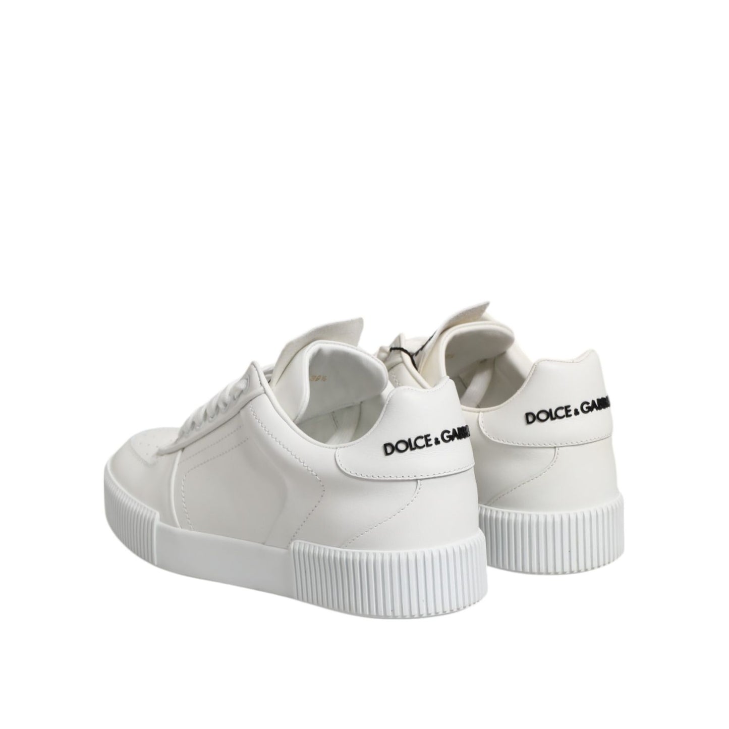 Dolce & Gabbana White Miami Leather Low Top Sneakers Shoes with logo on heel, crafted from calfskin leather, side view.