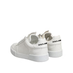 Dolce & Gabbana White Miami Leather Low Top Sneakers Shoes with logo on heel, crafted from calfskin leather, side view.