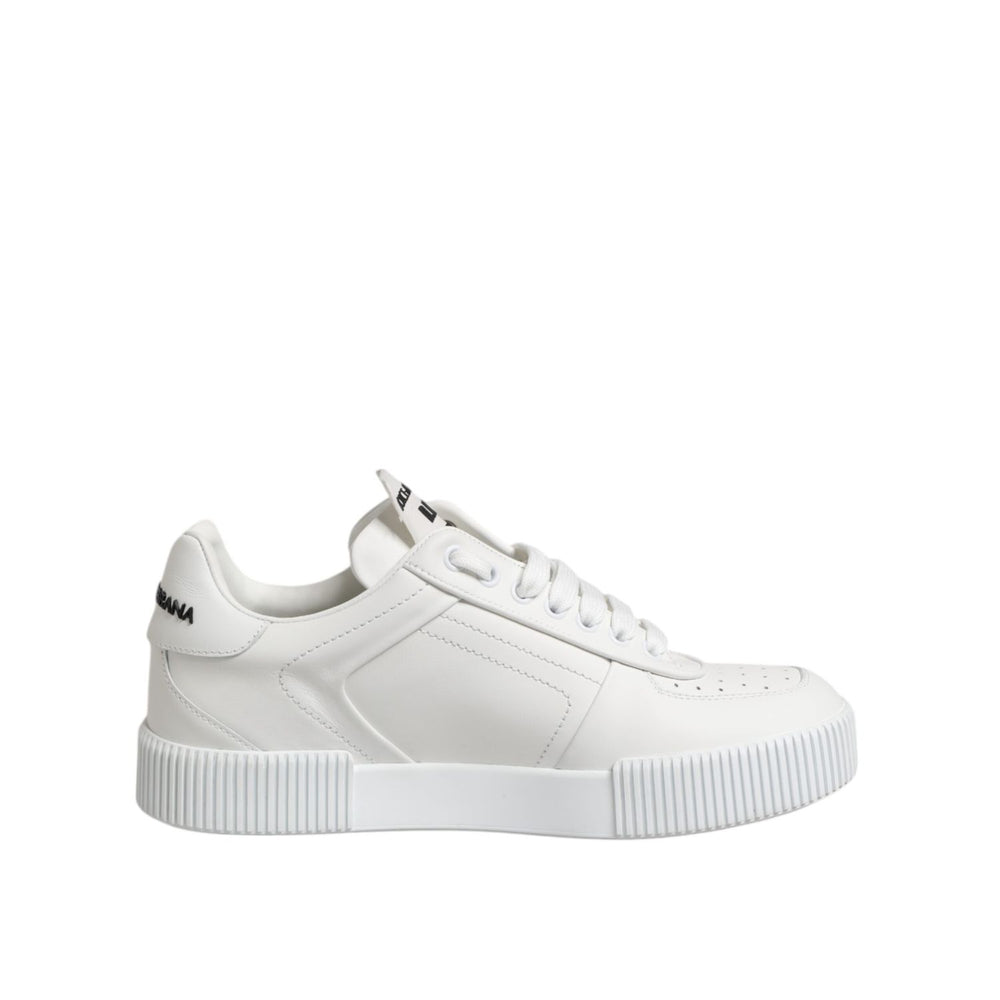 Dolce & Gabbana White Miami Leather Low Top Sneakers Shoes, smooth white leather, minimalistic design, rubber sole, lace-up closure, logo details