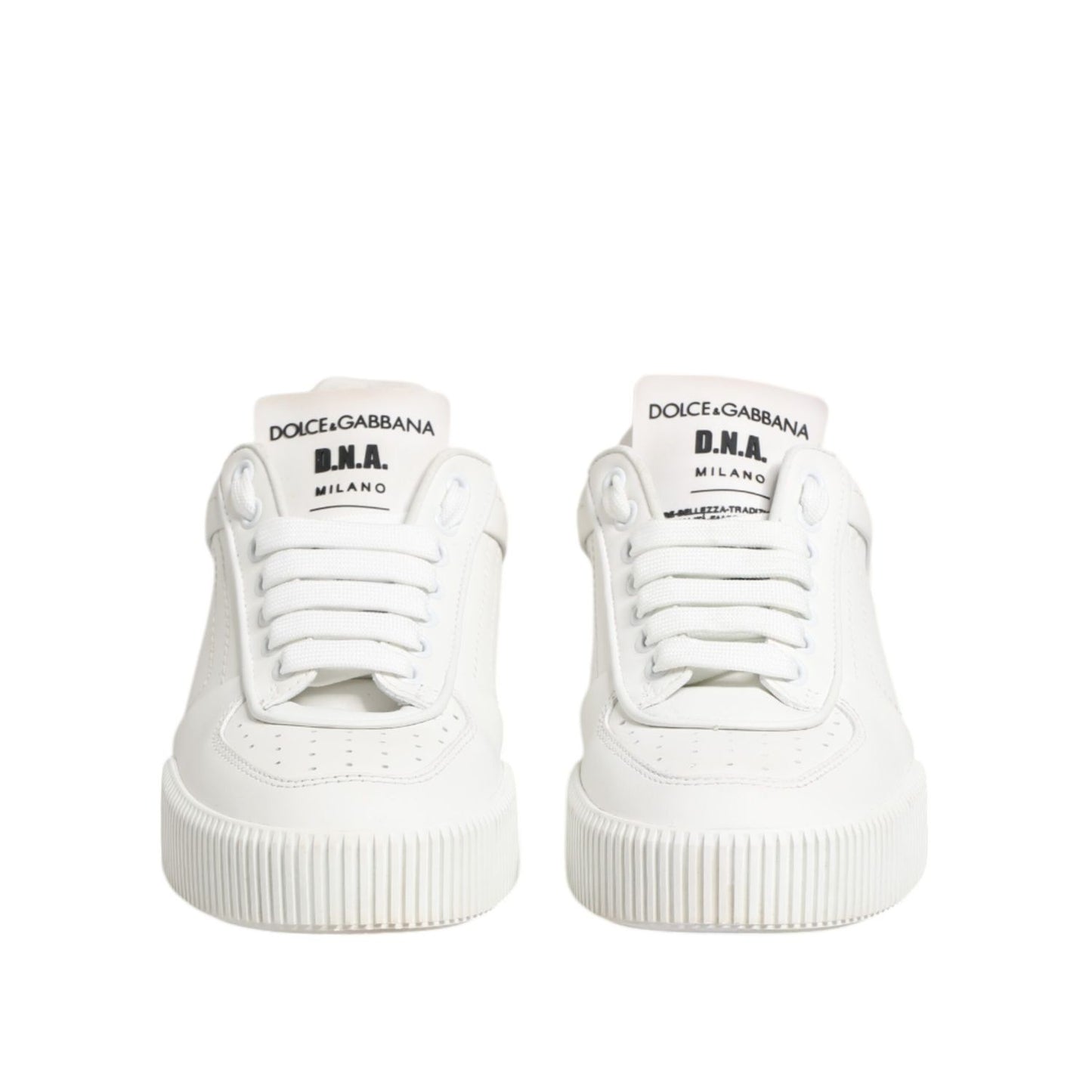 Dolce & Gabbana White Miami Leather Low Top Sneakers Shoes, front view showcasing sleek design and branding.