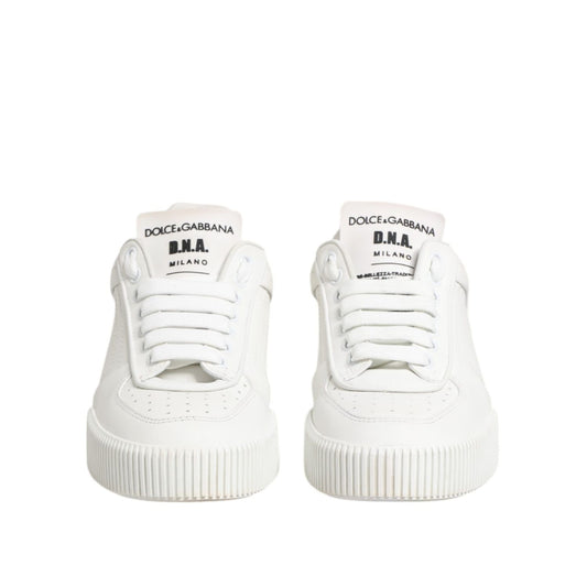Dolce & Gabbana White Miami Leather Low Top Sneakers Shoes, front view showcasing sleek design and branding.