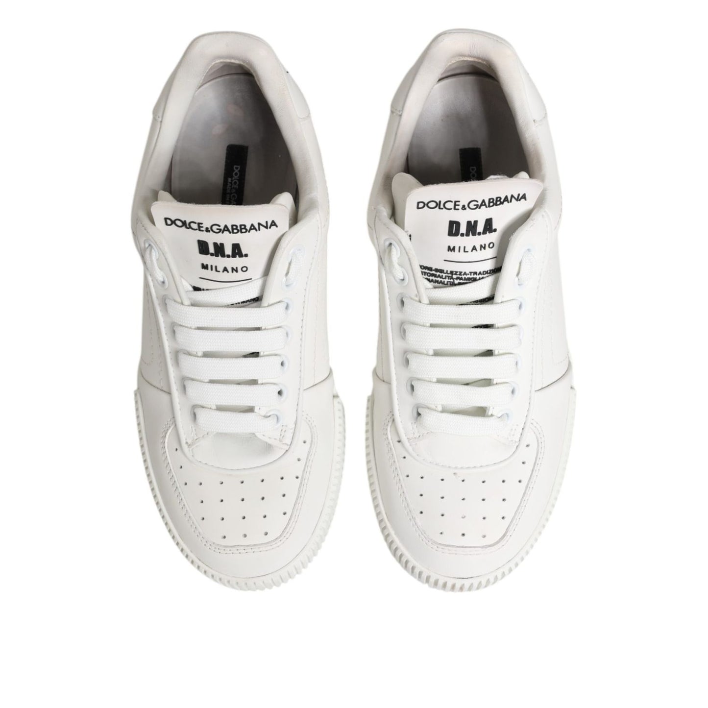 Top view of Dolce & Gabbana White Miami Leather Low Top Sneakers Shoes showing laces and branding on tongue.