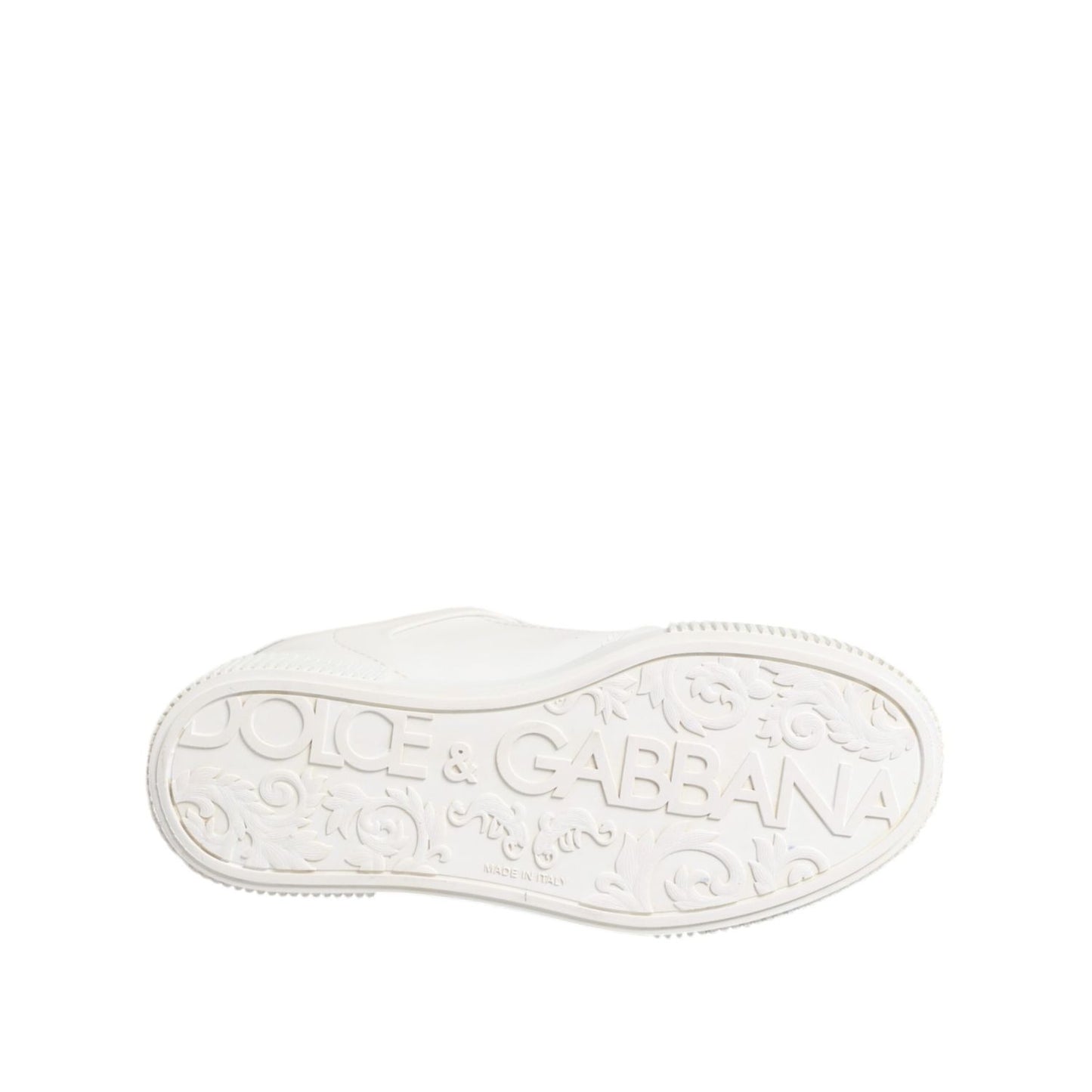 Bottom view of Dolce & Gabbana White Miami Leather Low Top Sneakers Shoes showing logo on rubber sole.