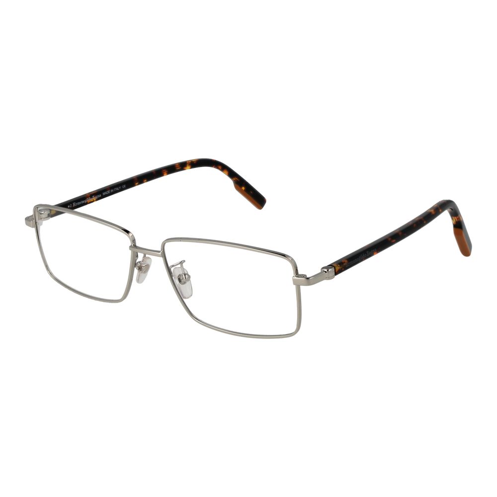 Ermenegildo Zegna Silver Men Glasses Frame, metal full-rim rectangle style with demo lenses and branded case.