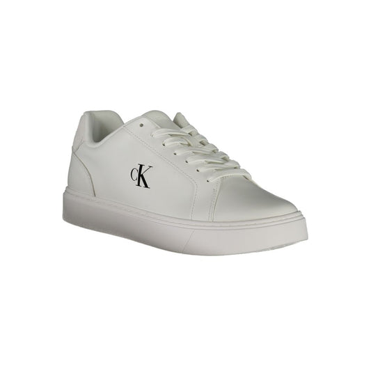 Calvin Klein White Leather Men Sneaker with bold logo print and contrasting white details for style and comfort.