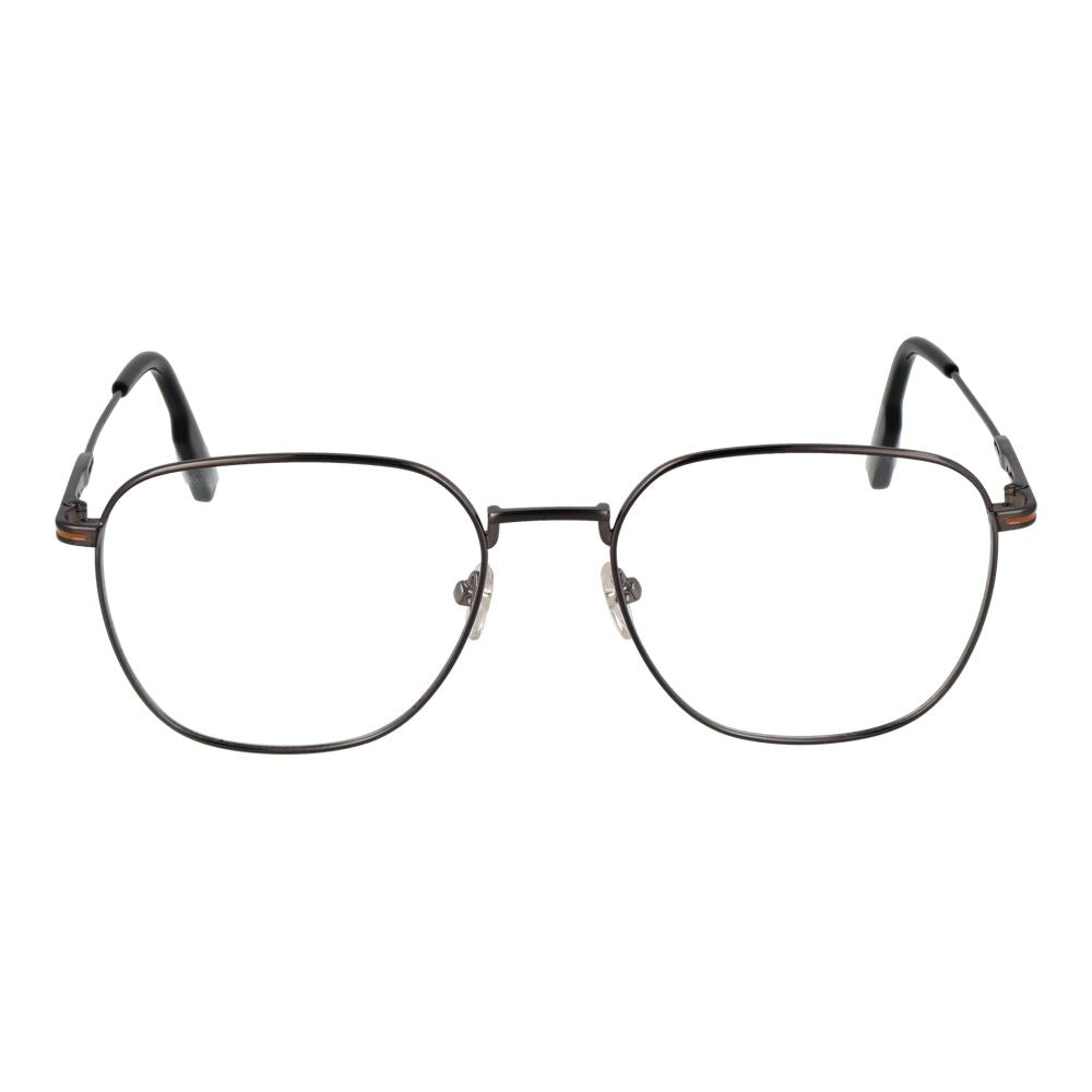 Ermenegildo Zegna Gray Men Glasses Frame in gunmetal titanium, full-rim geometric eyewear with demo lenses, size 54-18-145.