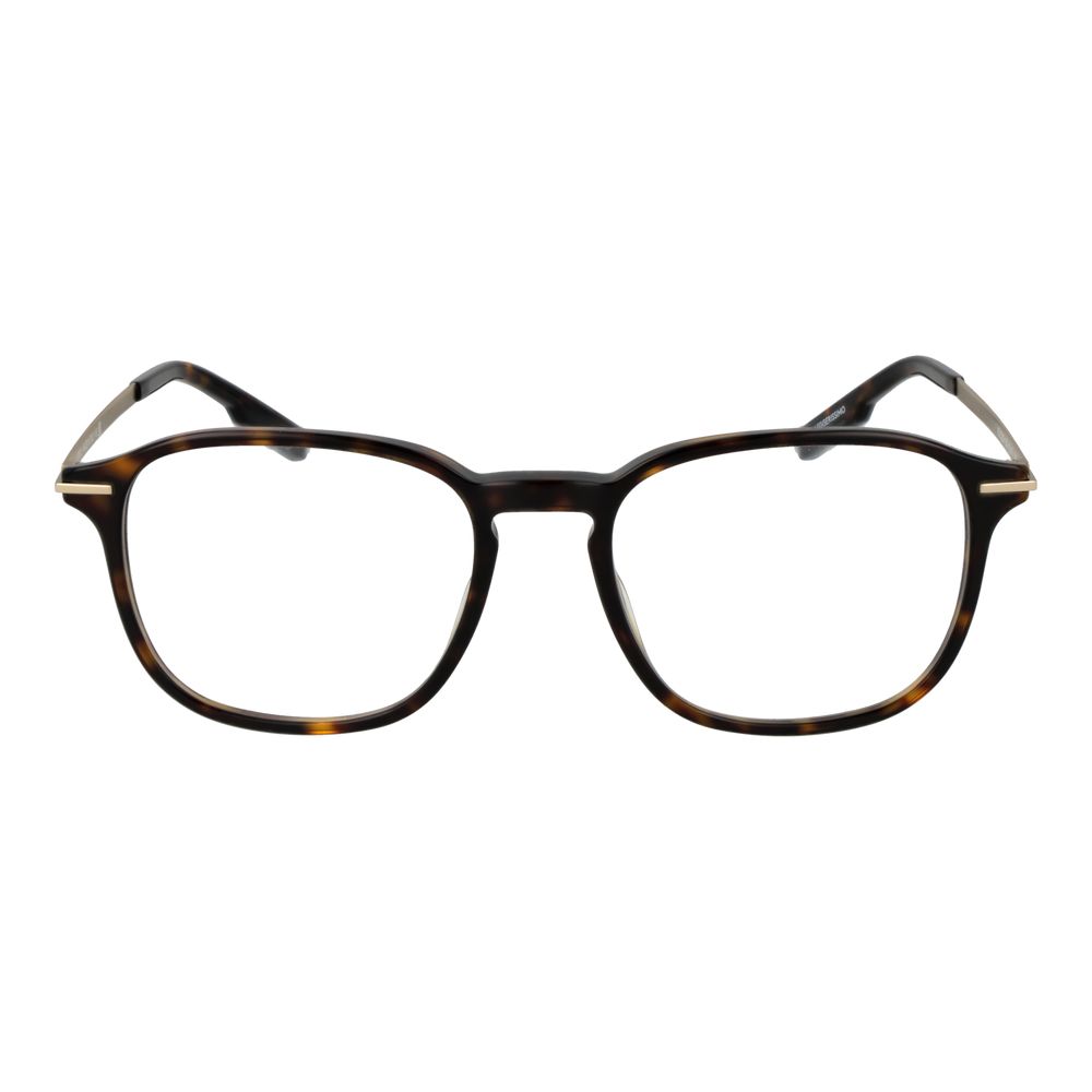 Ermenegildo Zegna Brown Men Glasses Frame in acetate with square full-rim design, 52-18-145 size, demo lenses, includes branded case.