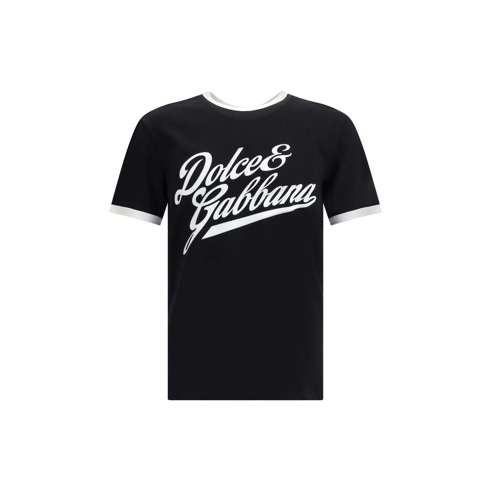 Dolce & Gabbana Black Cotton T-Shirt with velvet print, featuring a classic fit and ribbed crew neck, perfect for AW25 season.