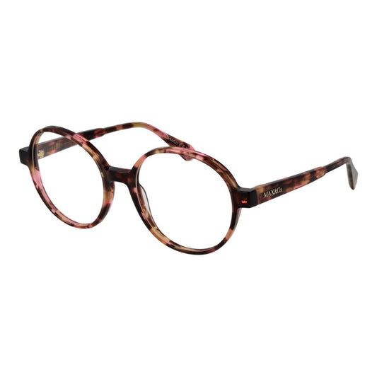 Max & Co Brown Women Glasses Frame in acetate with full-rim style, round shape, demo lenses, and a branded case.