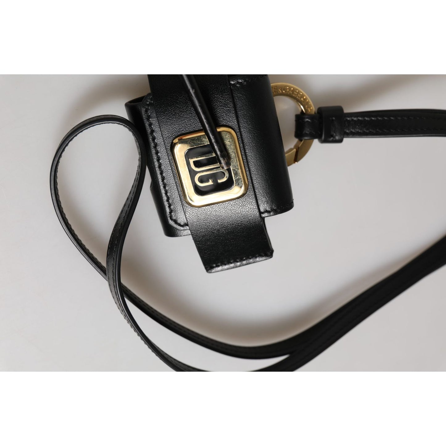 Dolce & Gabbana Black Leather Strap Gold Metal DG Logo Plaque Airpods Case