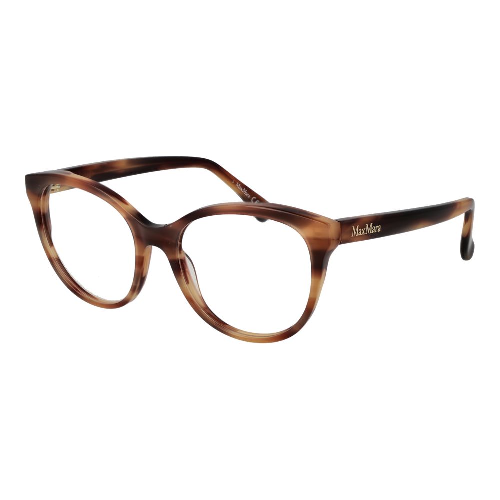 Max Mara Brown Women Glasses Frame in acetate with round full-rim style, demo lenses, and branded case.