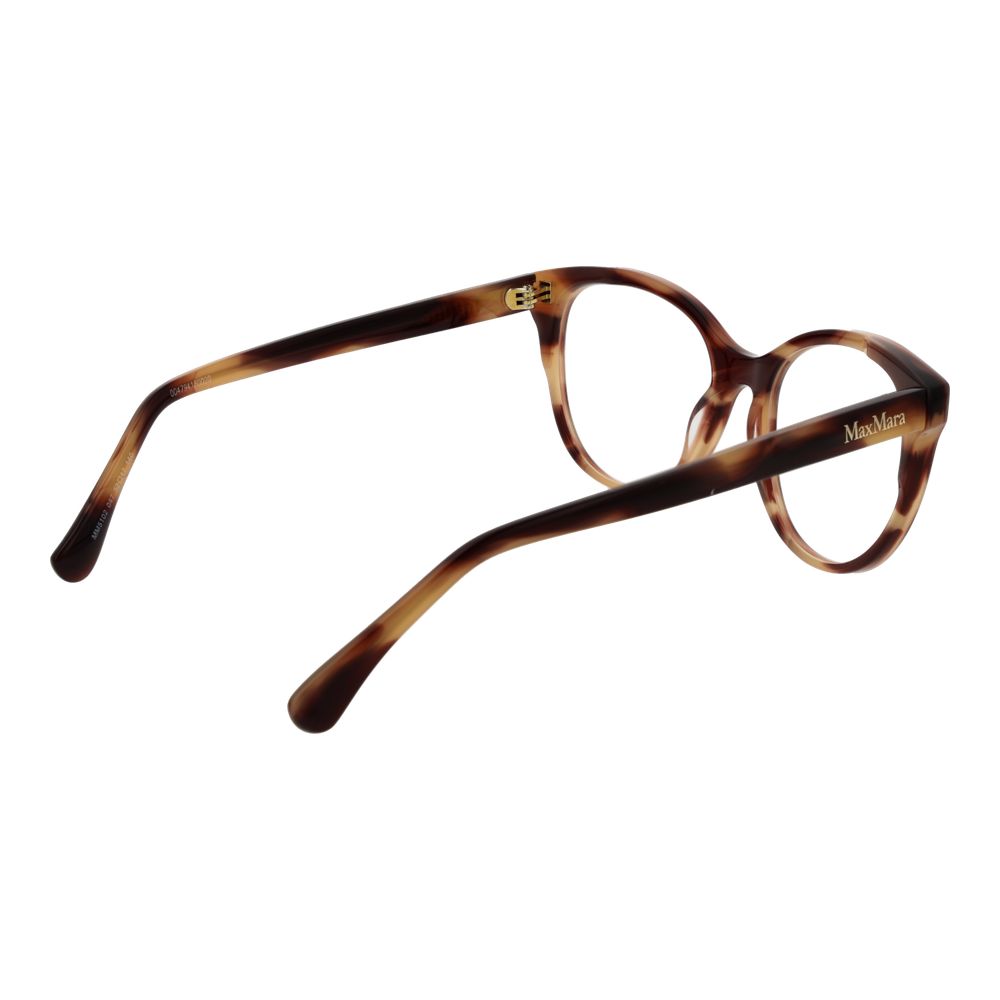 Max Mara Brown Women Glasses Frame, acetate round full-rim design with demo lenses, featuring a stylish tortoiseshell pattern.