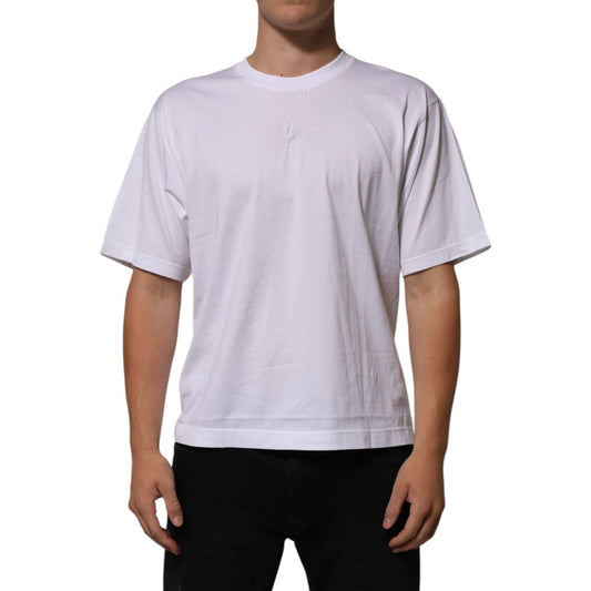 Dolce & Gabbana White Cotton Logo Patch Crew Neck Men T-shirt on model, stylish and versatile, ideal for casual wear