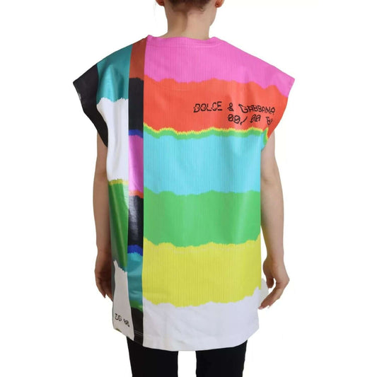 Dolce & Gabbana Multicolor Print Blouse Cotton Tank TV Print T-shirt, back view with logo details and minor blue stain.