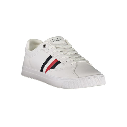 Tommy Hilfiger White Leather Men Sneaker with iconic logo and sleek design, showcasing laces and comfortable footbed for fashion-forward individuals.