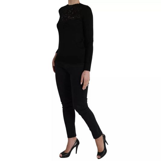 Dolce & Gabbana Black Silk Lace Trim Long Sleeves Blouse Top TSH852014-40