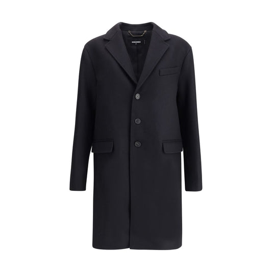 Dsquared² Black Wool Coat with buttons, monogrammed lining, tailored design and side pockets for elegance and warmth.