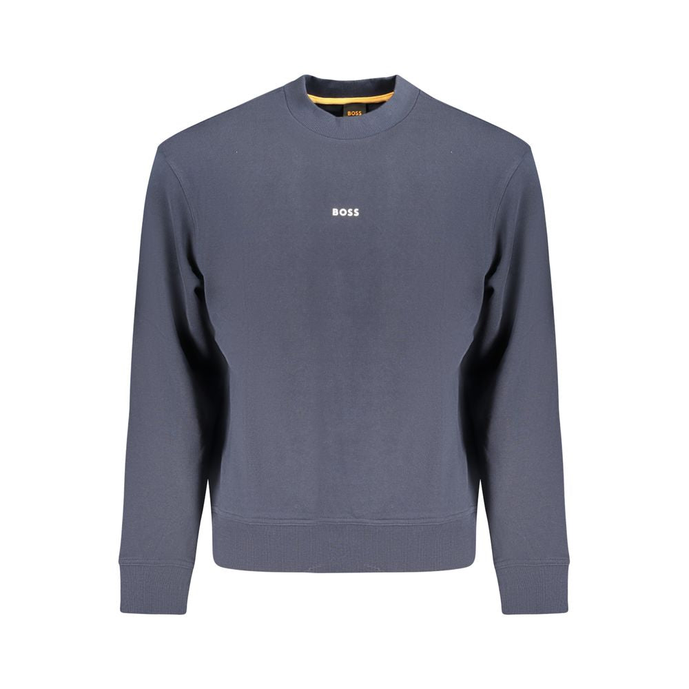 Hugo Boss Blue Cotton Men Sweater with logo, long-sleeved, crafted in Bangladesh, featuring brushed cotton for comfort.