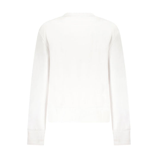 Back view of Guess Jeans White Cotton Women Sweater with long sleeves and crew neck, showcasing chic design and comfort in a casual style.