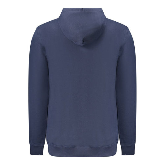 Tommy Hilfiger Blue Cotton Men Sweater with hooded back view, emphasizing sustainable materials and iconic logo design.