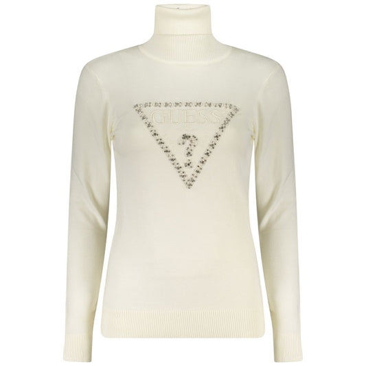 Guess Jeans White Viscose Women Sweater with turtleneck, rhinestone embellishments, and embroidered logo.