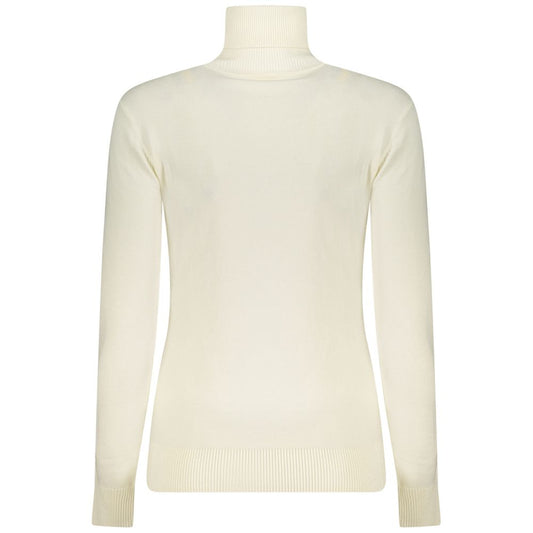 Guess Jeans White Viscose Women Sweater with long sleeves, turtleneck, rhinestone accents, and embroidery logo on back view.
