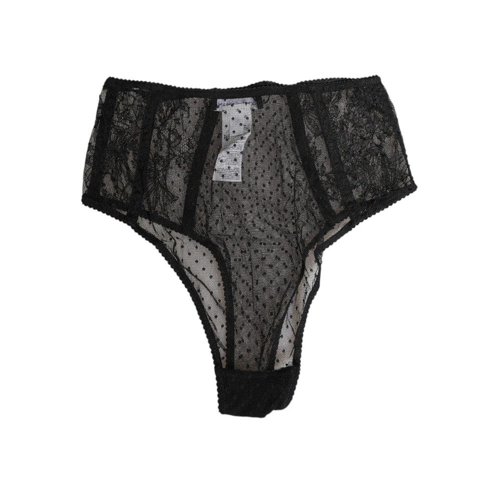 Dolce & Gabbana Black Lace Polka Dot Mesh High Waist Underwear, elegant high-waisted briefs with sheer lace and polka dot detailing.