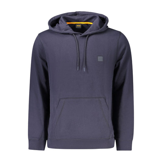 Hugo Boss Blue Cotton Men Sweater with hood, central pocket, and logo applique, made from premium cotton for comfort and style.