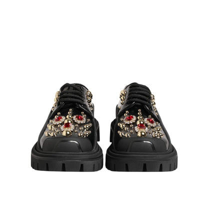 Dolce & Gabbana Black Leather Jeweled Crystals Derby Shoes
