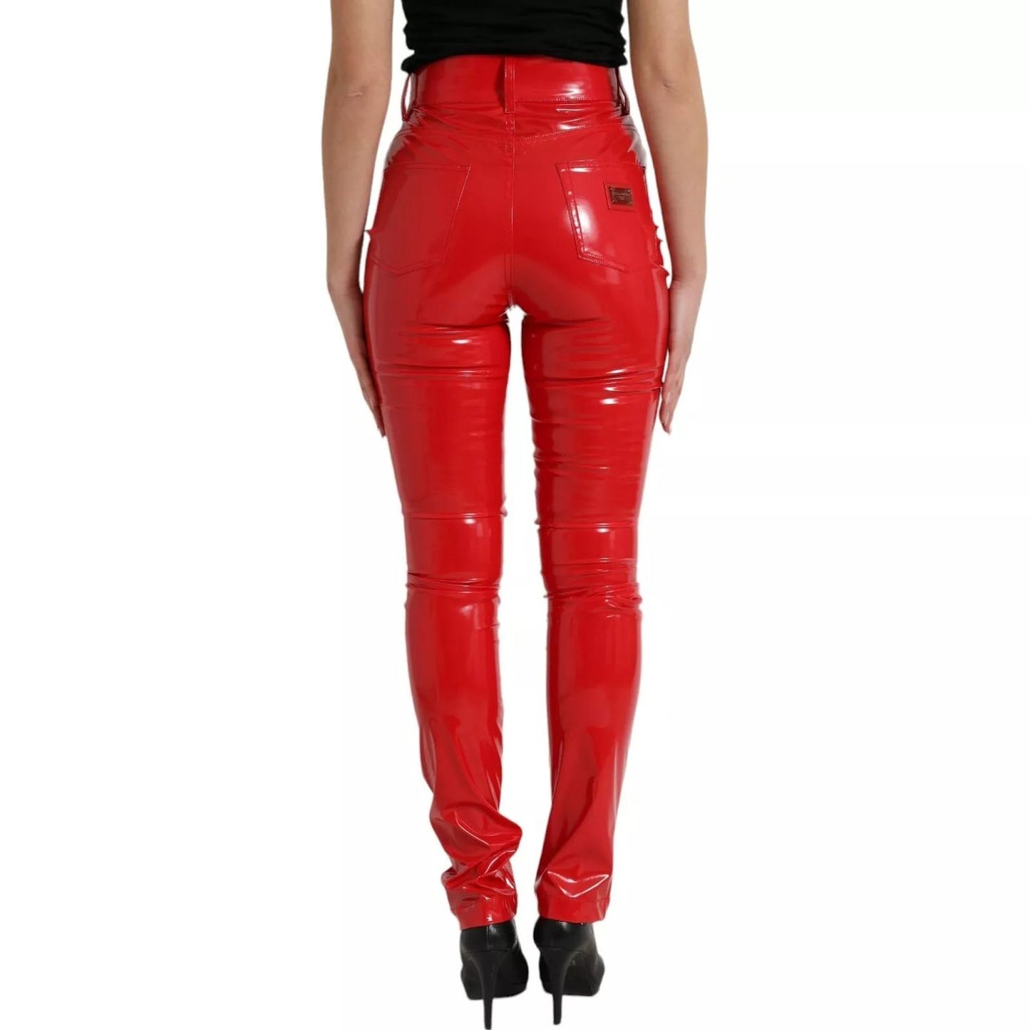 Dolce & Gabbana Red High Waist Skinny Trouser Shiny Pants with zipper closure and logo details, rear view of exclusive high comfort design.