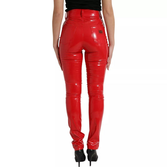 Dolce & Gabbana Red High Waist Skinny Trouser Shiny Pants with zipper closure and logo details, rear view of exclusive high comfort design.