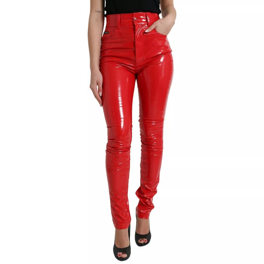 Dolce & Gabbana Red High Waist Skinny Trouser Shiny Pants, polyester, zipper closure, logo detail, Italian-made luxury fashion.