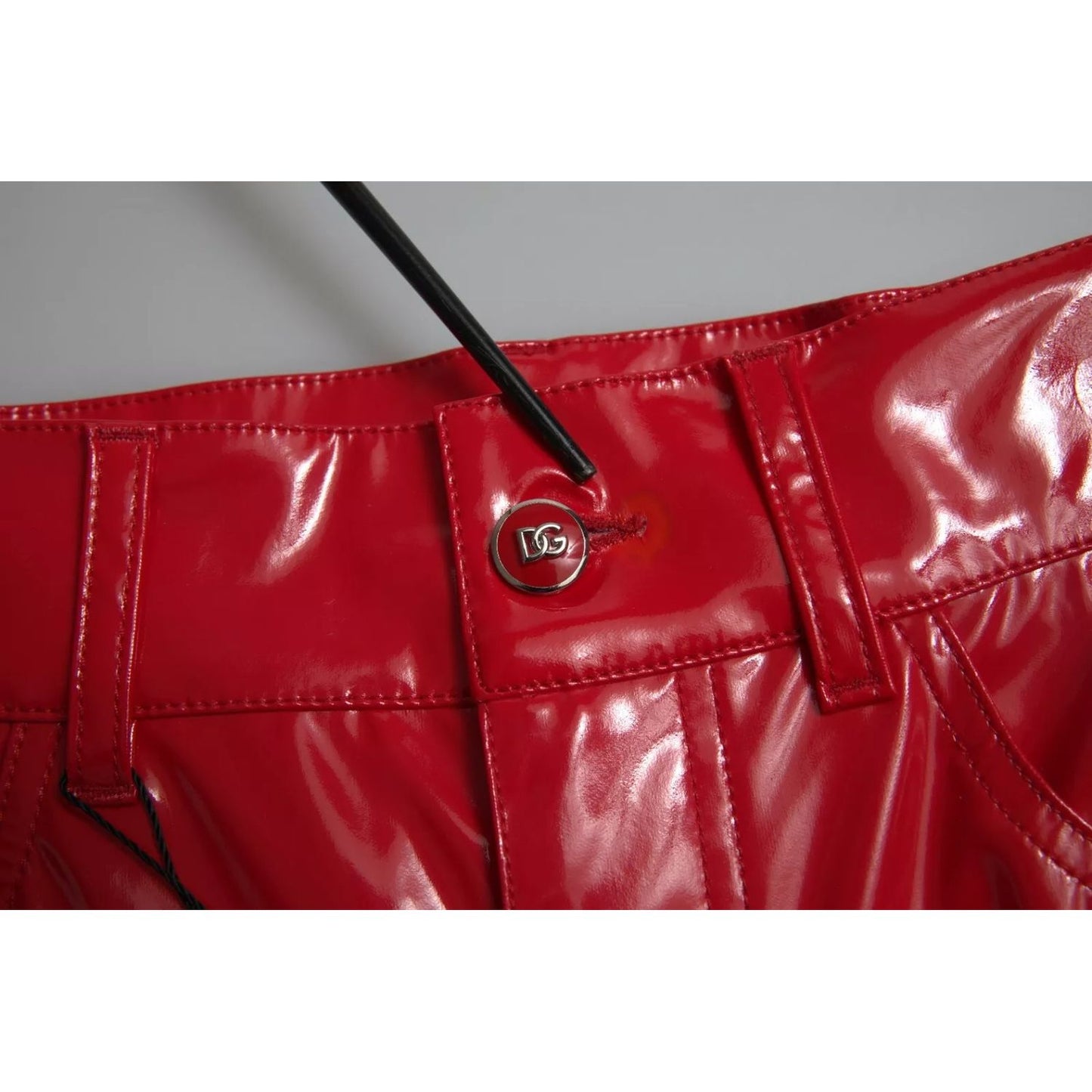 Dolce & Gabbana Red High Waist Skinny Trouser Shiny Pants with logo button and minor discoloration visible