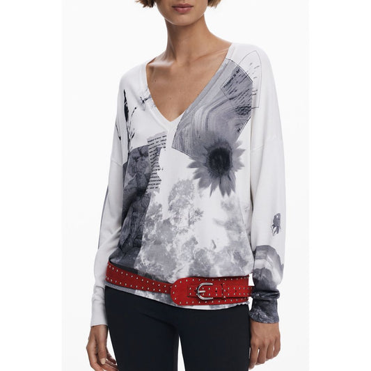Desigual White Viscose Women Sweater with V-neck and floral patterns, worn by model, highlighting artistic design and comfort.