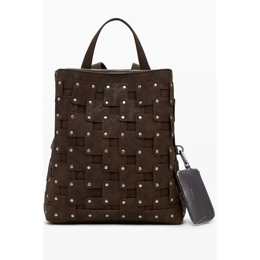 Desigual Brown Polyethylene Women Backpack with stylish studs, adjustable straps, and textured design for trendsetters.