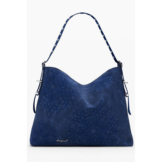 Desigual Blue Polyethylene Women Handbag with intricate blue embroidery and adjustable shoulder strap showcasing style and functionality.