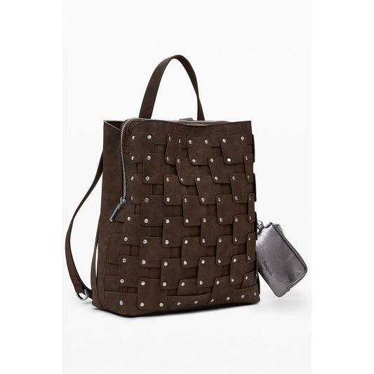 Desigual Brown Polyethylene Women Backpack with studded design and adjustable straps for stylish and practical everyday use.